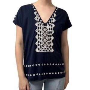 J. Crew Eyelet Cotton Blouse V neck Cap sleeves Navy white Size S Oversized NWOT